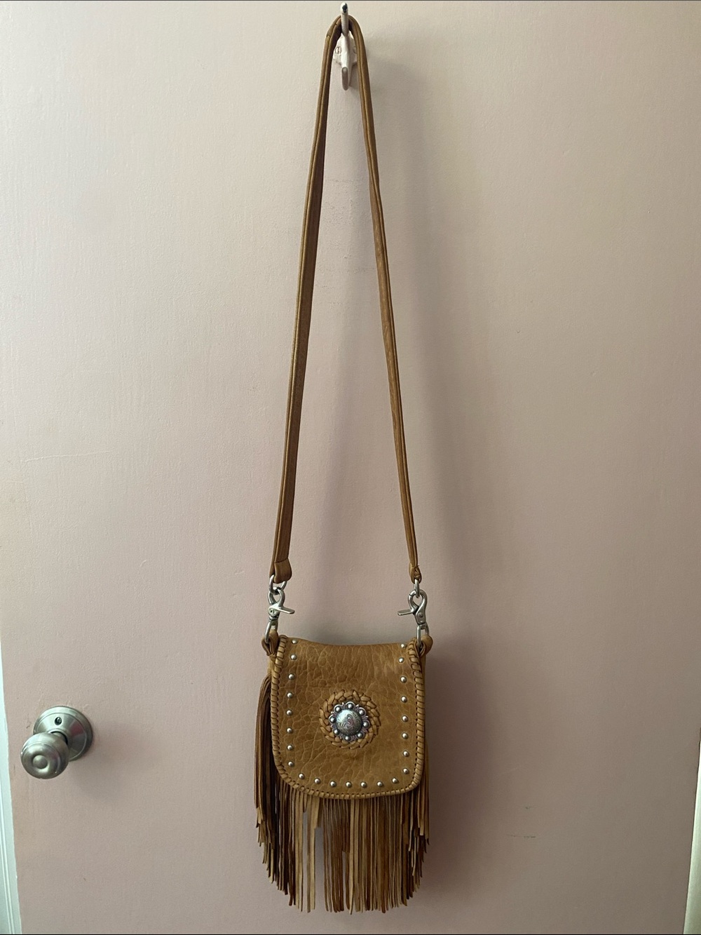 Tribe America Brown Leather Fringe Crossbody Bag with Concho Accent